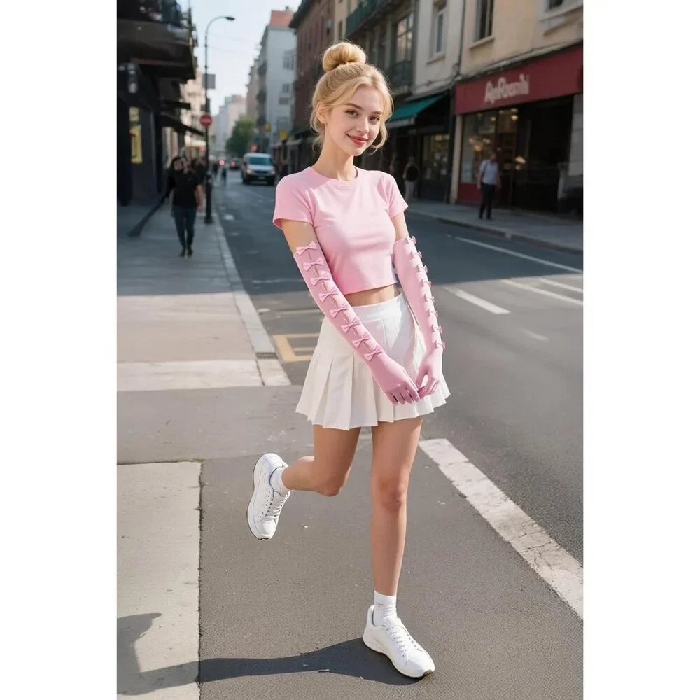 Women's Princess Pink Long Sleeves Gloves Bow Lace Mesh Tulle Party Prom